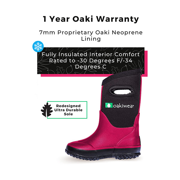 Oakiwear Kids Neoprene Rain Snow Boots, Dark Pink Thick 7mm