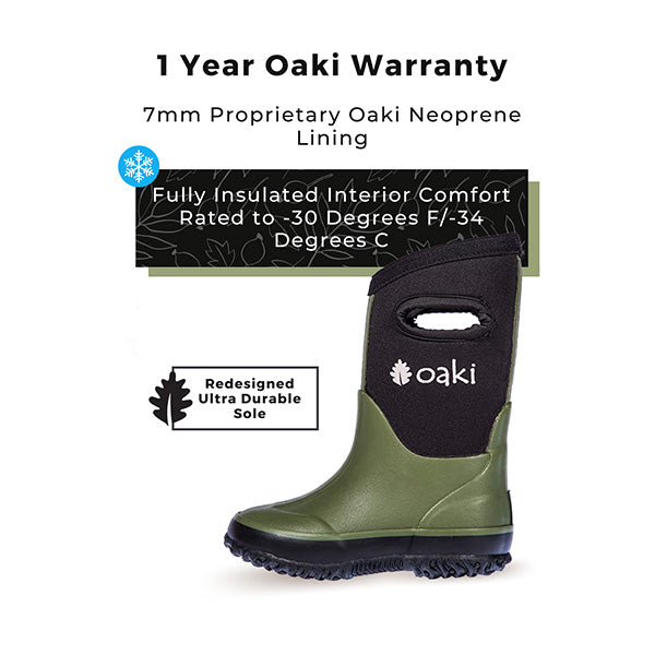 Oakiwear Kids Neoprene Rain Snow Boots, Forest Green Thick 7mm