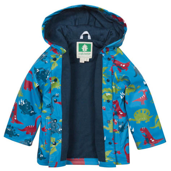 Oakiwear Lined Raincoat Jacket, Blue Dinosaurs Dry and Warm